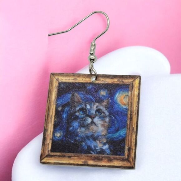 Cat Van Gogh Starry Night Famous Painting Earrings Dangle Pierced Ears Jewelry - Picture 2 of 6